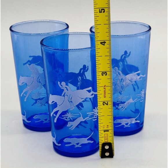 Hazel Atlas Tally Ho Cobalt Blue Juice Glass Fox Hunt 3.75 inch Lot of 3 - Picture 9 of 9